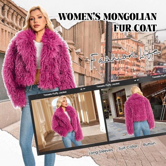 Faux Fur Coat for Women Pink Plus Size Cropped Fluffy Fall Jacket Winter Wear - Picture 3 of 4